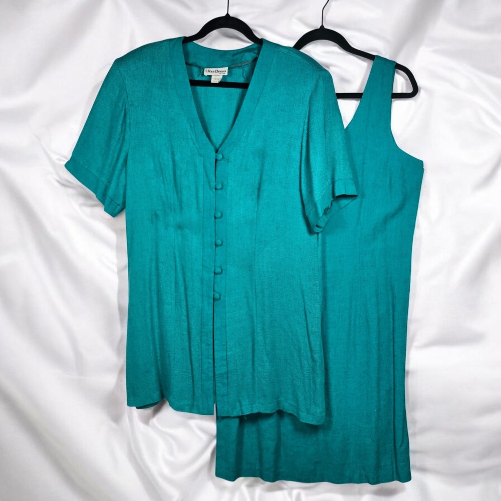 VTG Ultra Dress New York Teal Linen Blend Two Piece Set Size 18 Button Top Dress